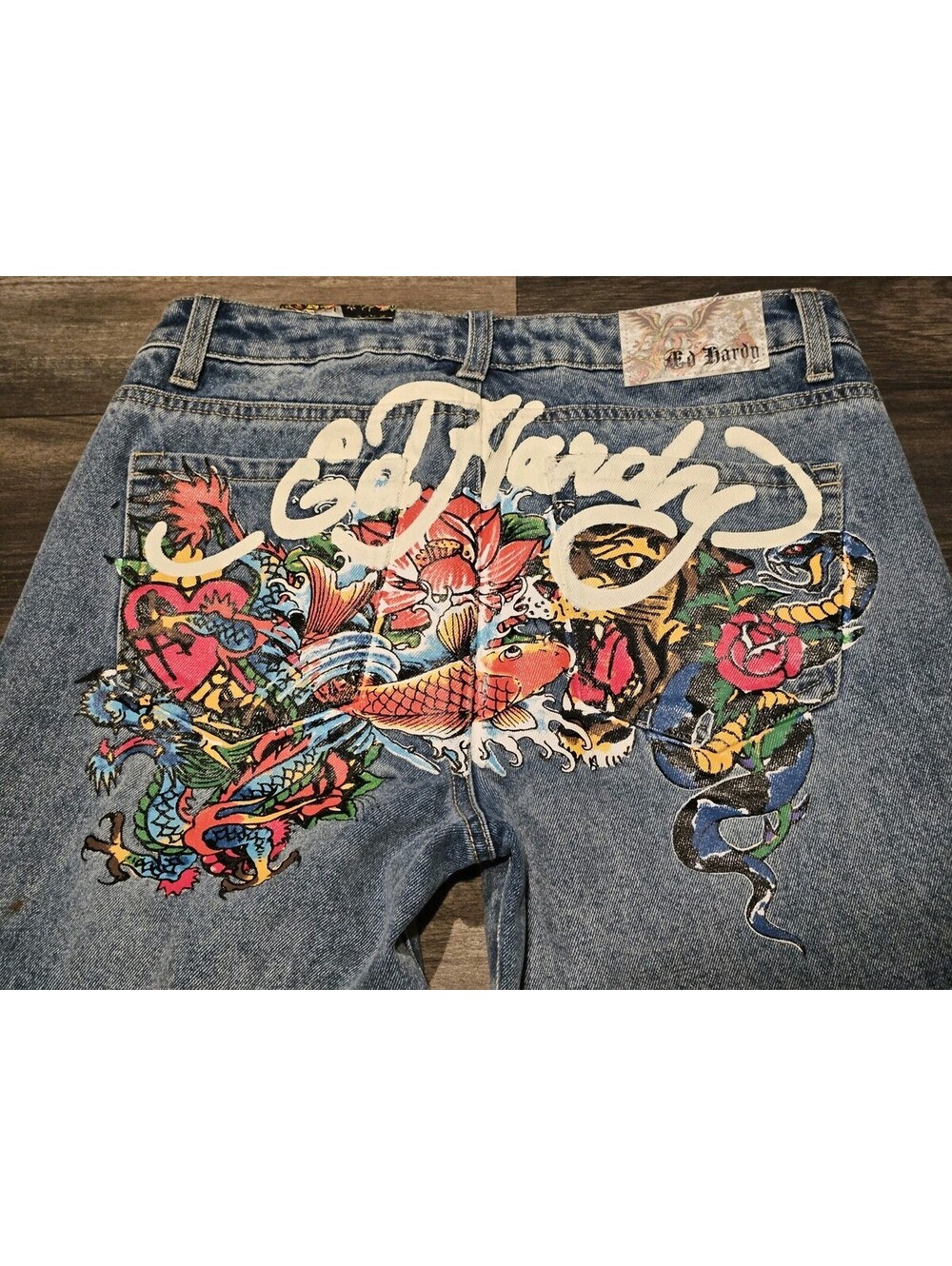 Ed Hardy Multi Tattoo Baggy Big Print Denim Jeans Women’s Size 28